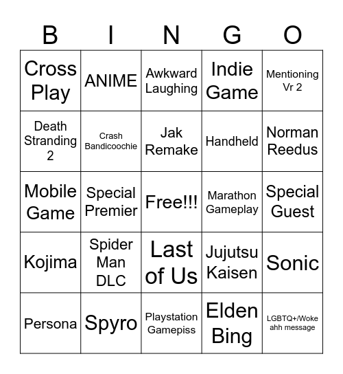 Sonigger Bingo Card