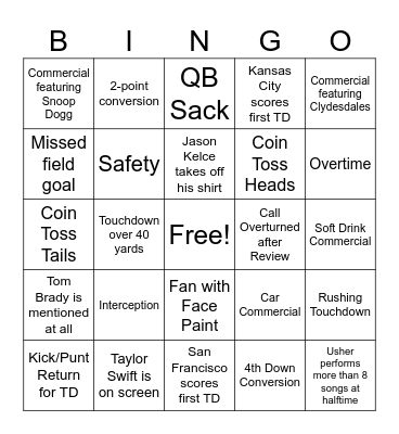 Super Bowl Bingo Card