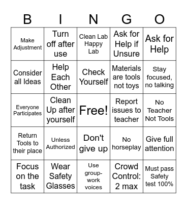 Lab and Classroom Safety Bingo Card
