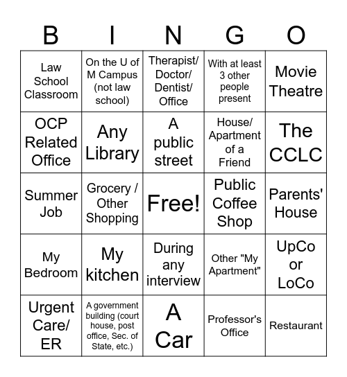 Law School Cry Bingo Card