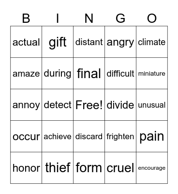 Vocabulary Bingo Card