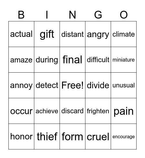 Vocabulary Bingo Card