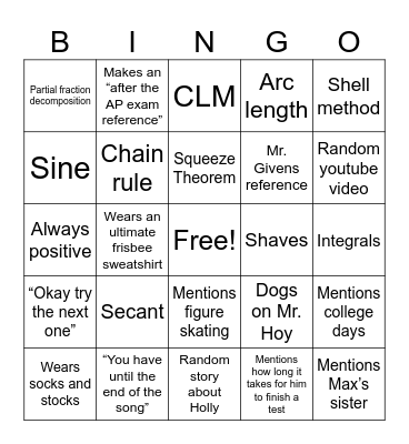 Calculus Bingo Card