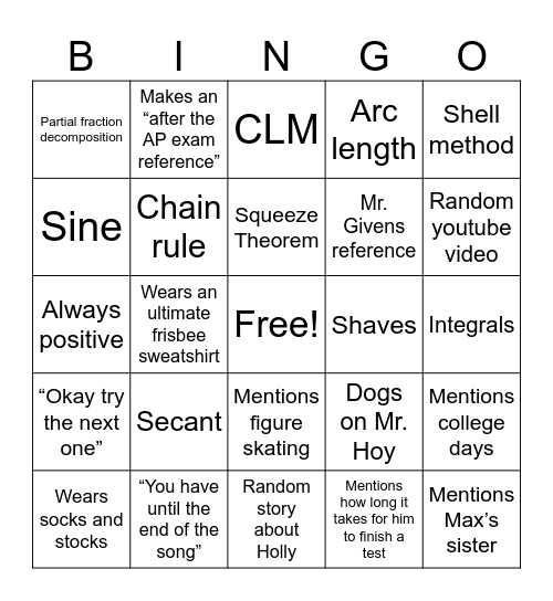 Calculus Bingo Card