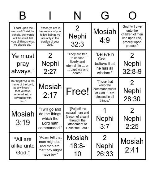 Book of Mormon Doctrinal Mastery Bingo Card