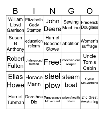 Reform Movements/Industrial Revolution Bingo Card