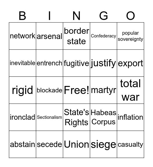 Civil War Vocabulary Bingo Card