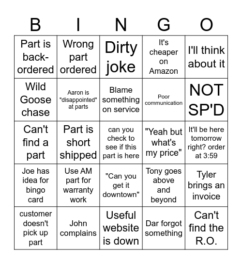 PARTS DEPARTMENT BINGO Card