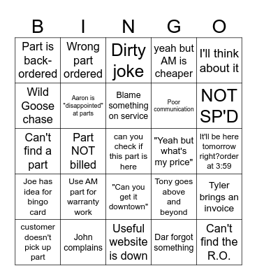 PARTS DEPARTMENT BINGO Card