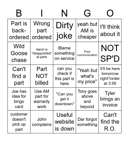 PARTS DEPARTMENT BINGO Card