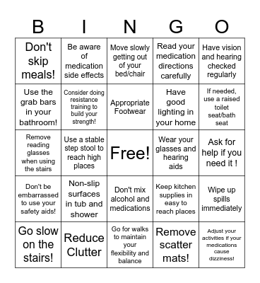 Fall Risk Prevention Bingo Card