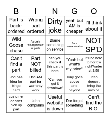 PARTS DEPARTMENT BINGO Card