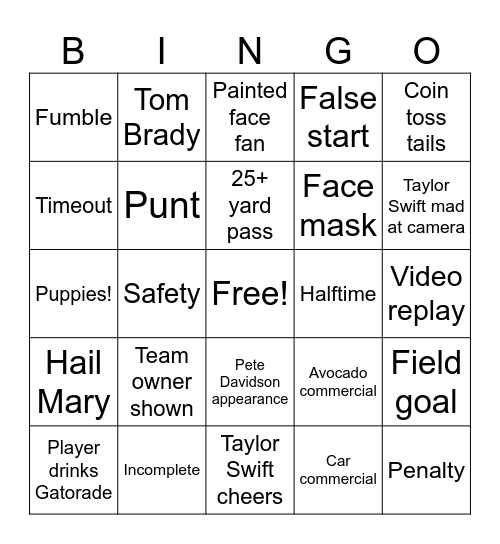 Super Bowl Bingo Card
