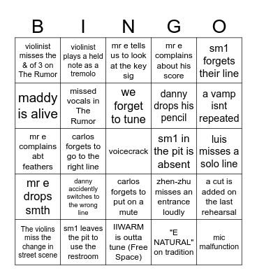 Musical rehearsal bingo Card