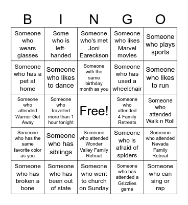 Joni and Friends Bingo Card