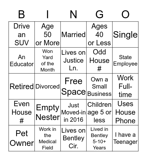 Bentley Court Bingo Card