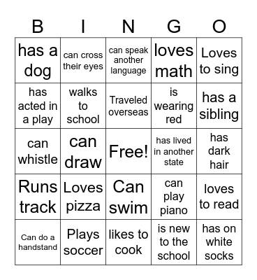 Classmate Bingo Card