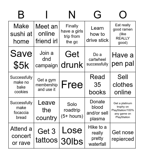 Bella’s 2024 Bingo Card