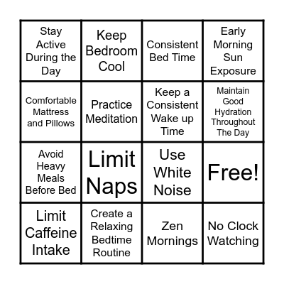 Sleep Hygiene Practices Bingo Card