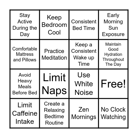 Sleep Hygiene Practices Bingo Card