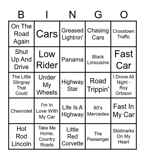 Hot Rod Hits Bingo Card