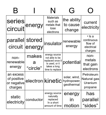 Electricity Lesson 1 and 2 Bingo Card
