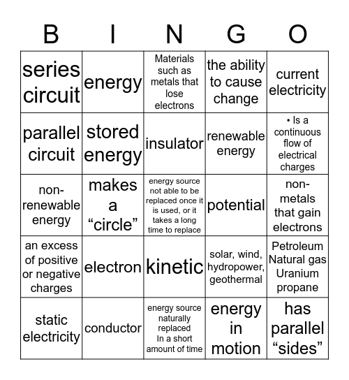 Electricity Lesson 1 and 2 Bingo Card