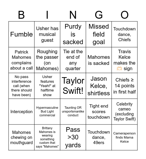 Super Bowl LVIII Bingo Card