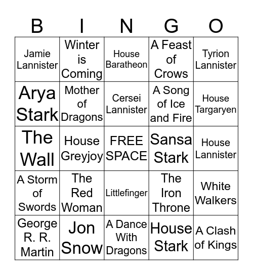 Game Of Thrones! Bingo Card