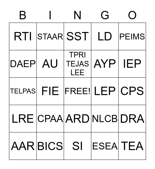Acronym Bingo Card