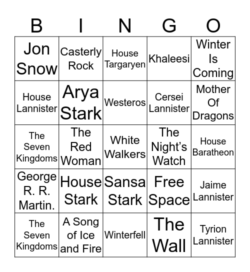 Game of Thrones! Bingo Card