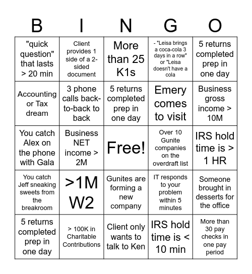 Tax Season Bingo Card