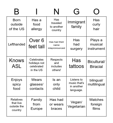Diversity Bingo Card