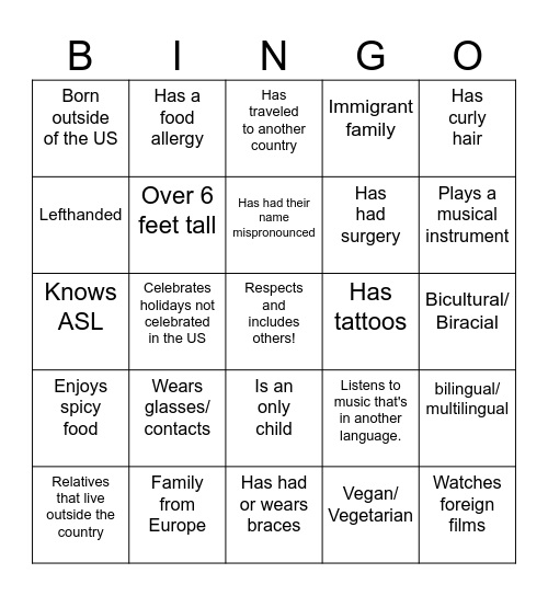 Diversity Bingo Card