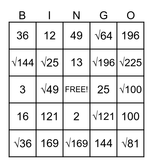 Squares and Square Root Bingo Card