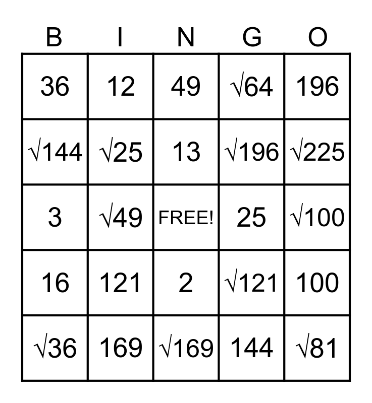 Squares and Square Root Bingo Card