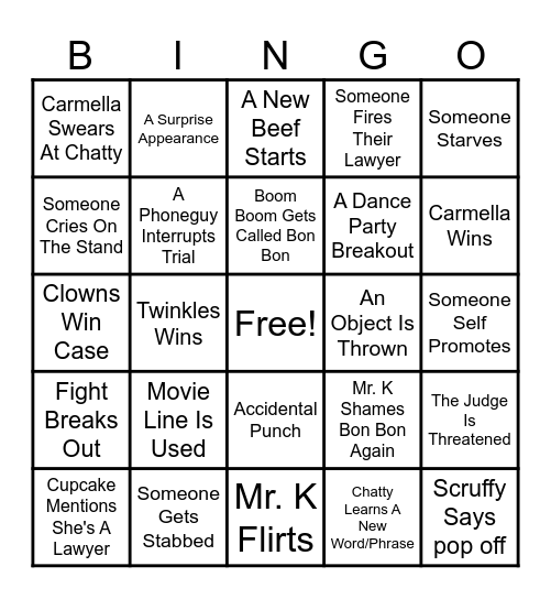 Clown Court Bingo Card