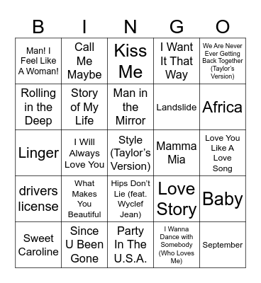 Musical Bingo Card