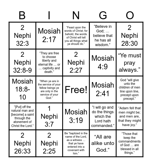 Book of Mormon Doctrinal Mastery Bingo Card