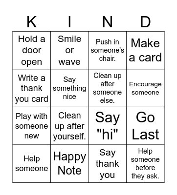 Acts of Kindness Bingo Card