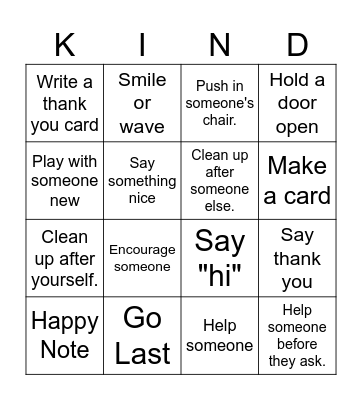 Acts of Kindness Bingo Card