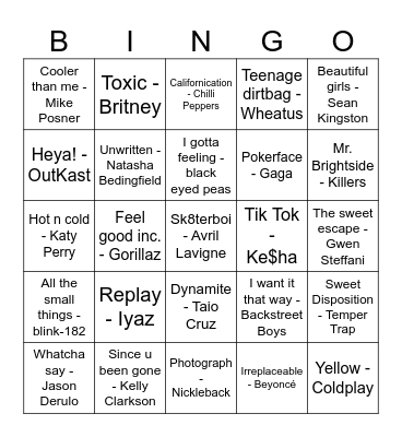 Musical Bingo Marae Bingo Card