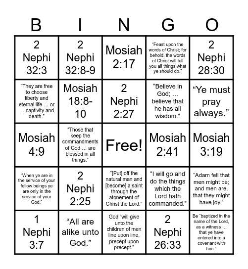 Book of Mormon Doctrinal Mastery Bingo Card