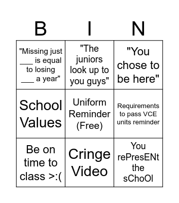 School Assembly Bingo Card