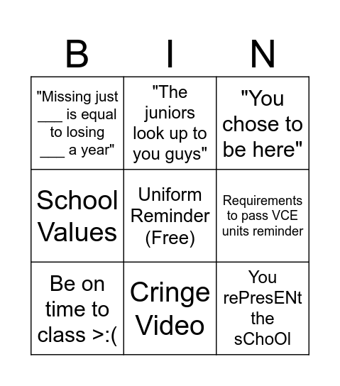 School Assembly Bingo Card