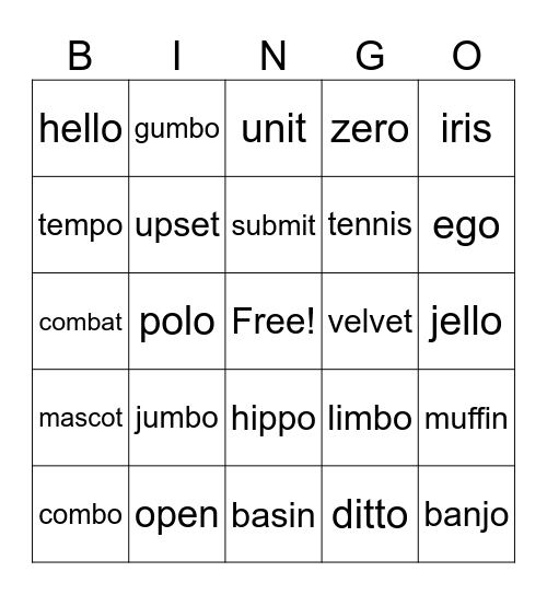 Multisyllabic Bingo Card