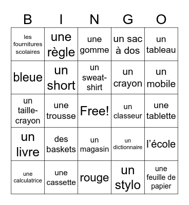 French School Supplies Bingo Card