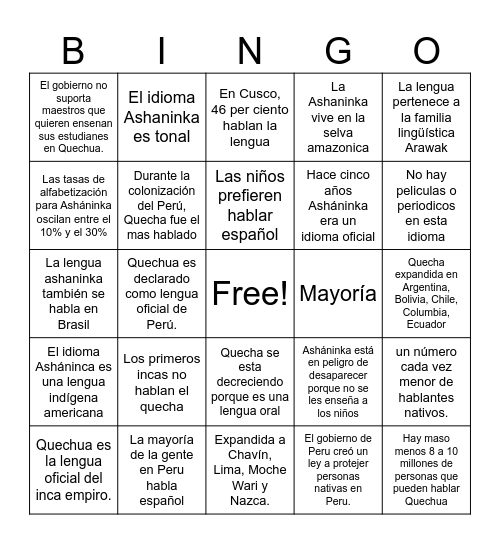 Quecha y Asháninka Bingo Card