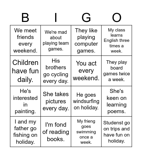 Free time activities Bingo Card