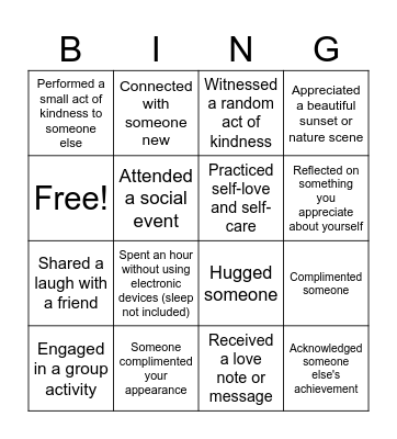 In The Past Week Bingo Card